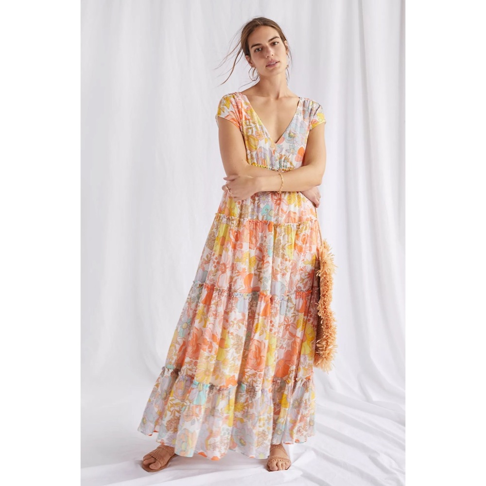 Anthropologie Floral Maxi Dress in Peach, Yellow & Light Blue